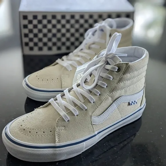 VANS SKATE SK8-HI CLASSIC WHITE CANVAS &amp; SUEDE HIGH TOP SNEAKERS MENS 8 1/2 NWT