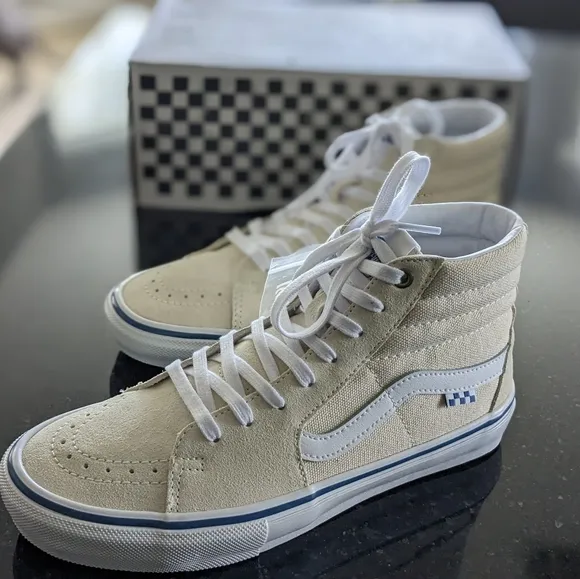 VANS SKATE SK8-HI CLASSIC WHITE CANVAS &amp; SUEDE HIGH TOP SNEAKERS MENS 8 1/2 NWT