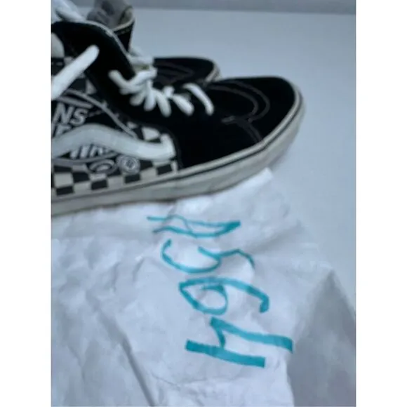 Vans SK8 Patch Hi Top Shoes Men’s Sz 9.5 Checker Embroidered Logo Black/White