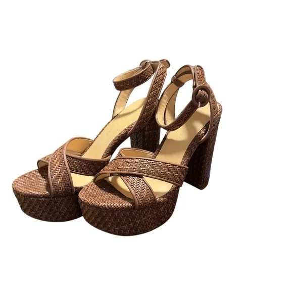 Veronica Beard Brown Woven Texture Chunky Heel Ankle Strap Platform Sandals 8M