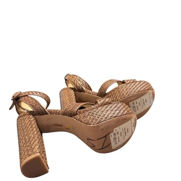 Veronica Beard Brown Woven Texture Chunky Heel Ankle Strap Platform Sandals 8M