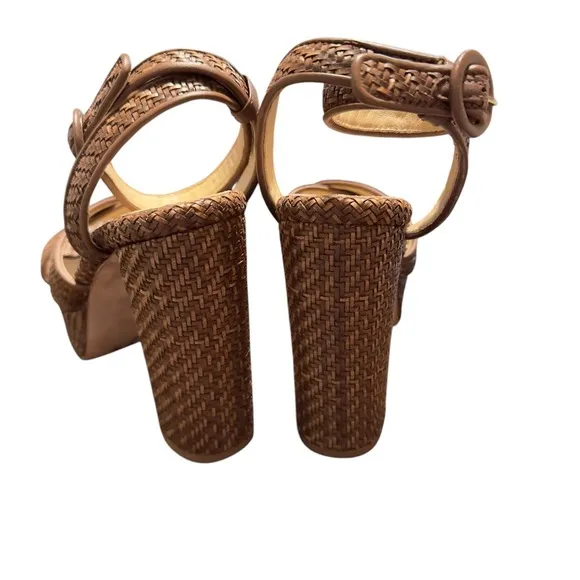 Veronica Beard Brown Woven Texture Chunky Heel Ankle Strap Platform Sandals 8M