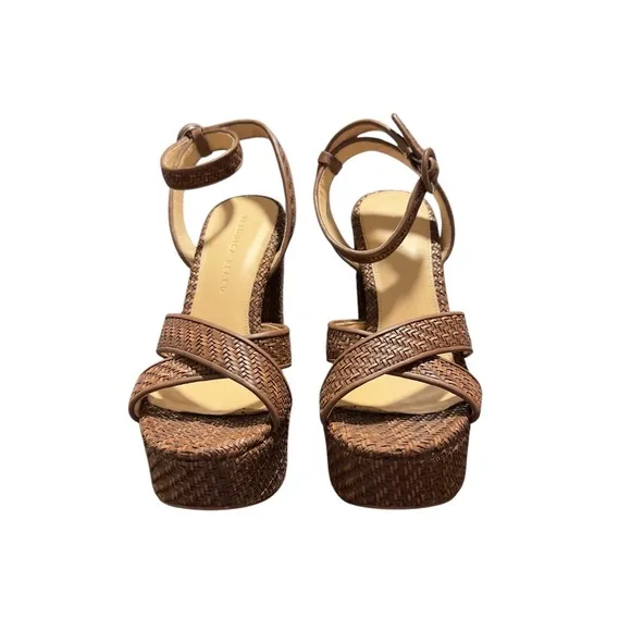 Veronica Beard Brown Woven Texture Chunky Heel Ankle Strap Platform Sandals 8M