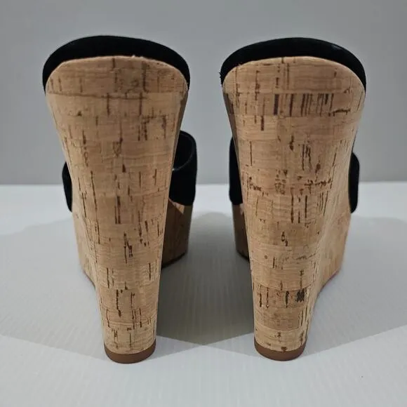 Veronica Beard Dali Wedge Platform Sandal Black Suede Cork Size 9.5