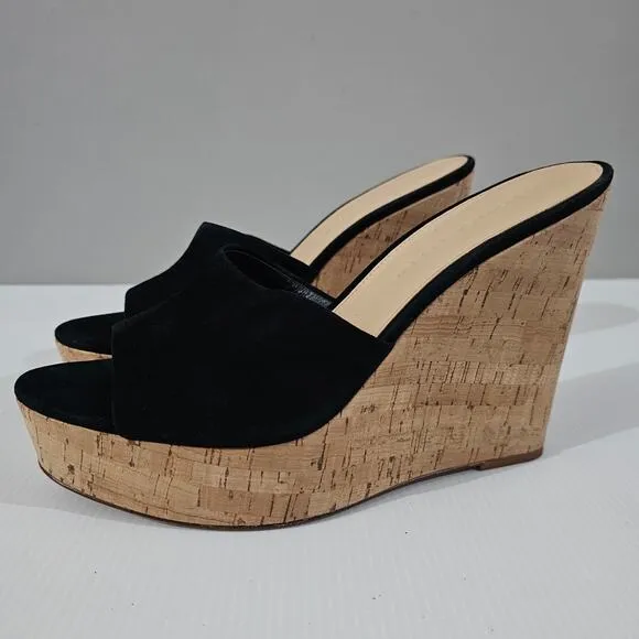 Veronica Beard Dali Wedge Platform Sandal Black Suede Cork Size 9.5