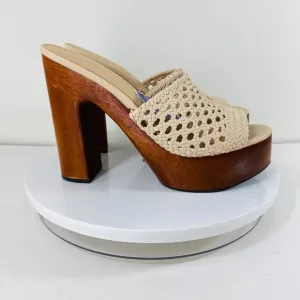 Veronica Beard Leather Sandals Women 9M Ivory Woven Ecru Crochet Chunky Platform