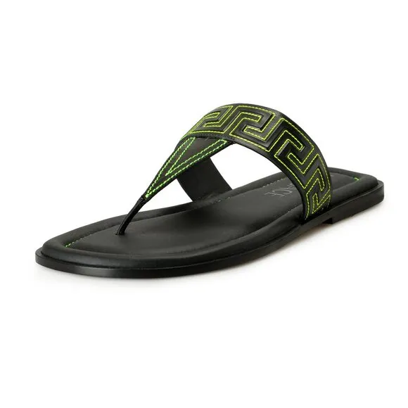 Versace Men's Black &amp; Green Leather Pool Slide Flip Flops Shoes US 11.5 IT 44.5