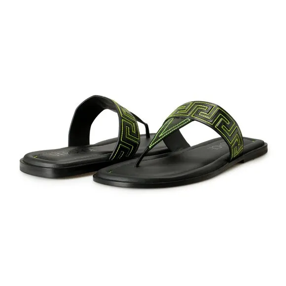 Versace Men's Black &amp; Green Leather Pool Slide Flip Flops Shoes US 11.5 IT 44.5