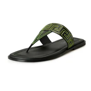 Versace Men's Black &amp; Green Leather Pool Slide Flip Flops Shoes US 11.5 IT 44.5