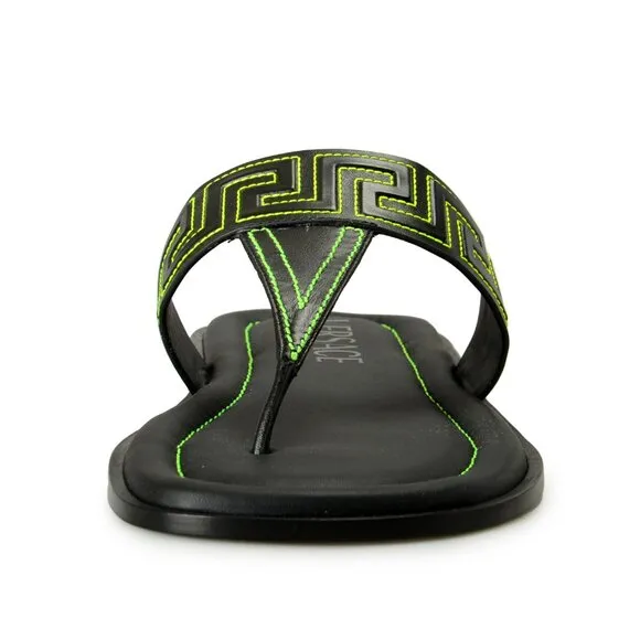 Versace Men's Black &amp; Green Leather Pool Slide Flip Flops Shoes US 6 IT 39