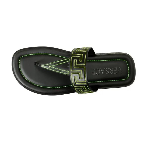 Versace Men's Black &amp; Green Leather Pool Slide Flip Flops Shoes US 8 IT 41