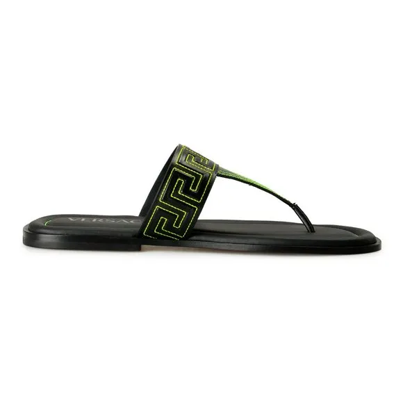 Versace Men's Black &amp; Green Leather Pool Slide Flip Flops Shoes US 8 IT 41