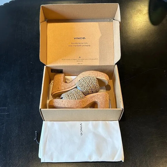 VINCE Nicki Crochet-Strap Platform Heel Slide Sandals (Sand)