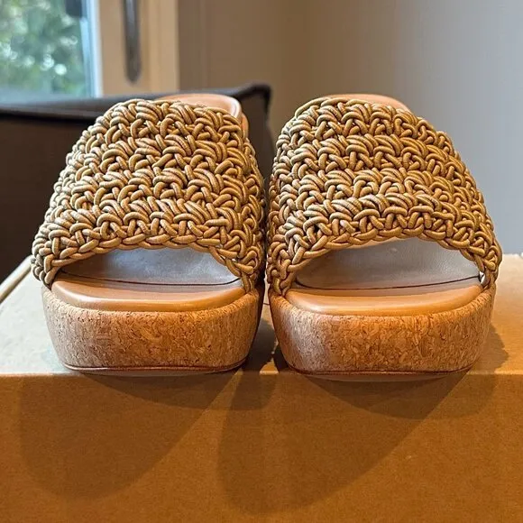 VINCE Nicki Crochet-Strap Platform Heel Slide Sandals (Sand)