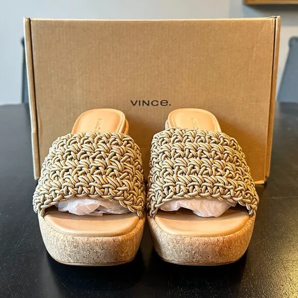 VINCE Nicki Crochet-Strap Platform Heel Slide Sandals (Sand)