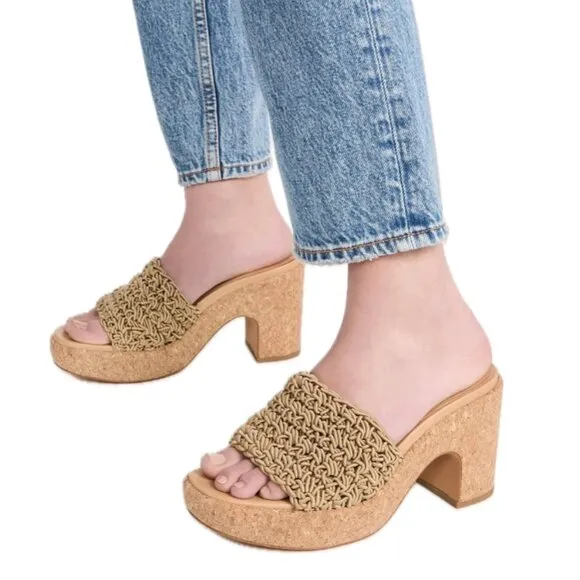 VINCE Nicki Crochet-Strap Platform Heel Slide Sandals (Sand)