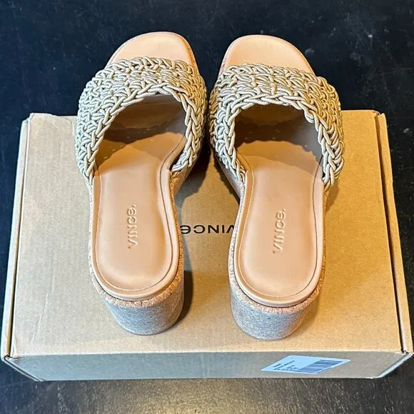 VINCE Nicki Crochet-Strap Platform Heel Slide Sandals (Sand)