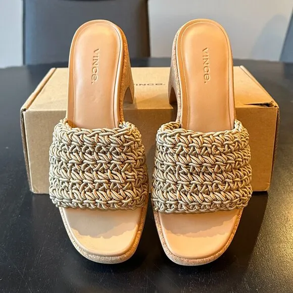 VINCE Nicki Crochet-Strap Platform Heel Slide Sandals (Sand)