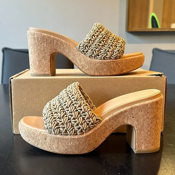 VINCE Nicki Crochet-Strap Platform Heel Slide Sandals (Sand)