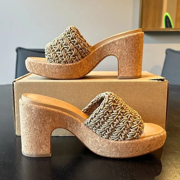 VINCE Nicki Crochet-Strap Platform Heel Slide Sandals (Sand)
