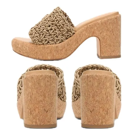 VINCE Nicki Crochet-Strap Platform Heel Slide Sandals (Sand)