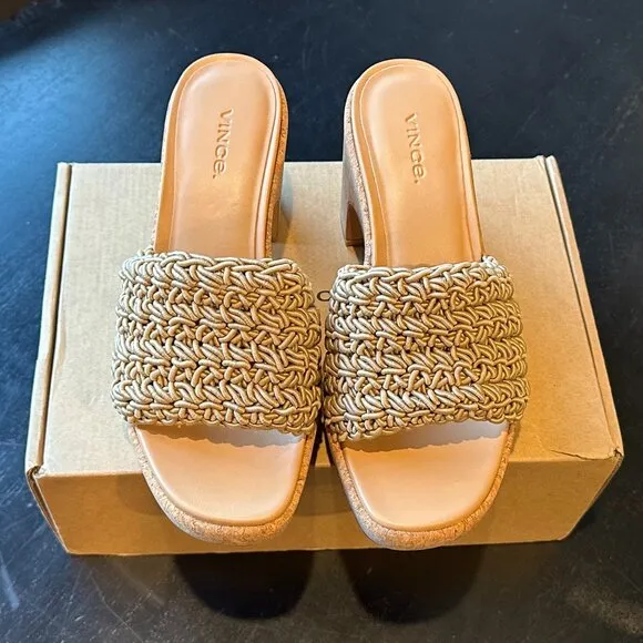VINCE Nicki Crochet-Strap Platform Heel Slide Sandals (Sand)