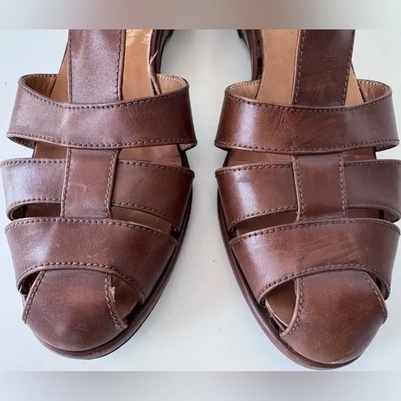 Vintage 90s Ralph Lauren Leather Fisherman Wedge Sandals Shoes Made Italy Size 8