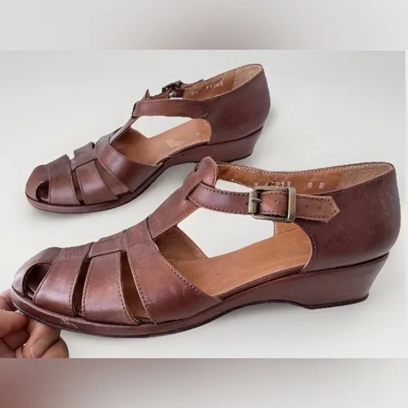 Vintage 90s Ralph Lauren Leather Fisherman Wedge Sandals Shoes Made Italy Size 8