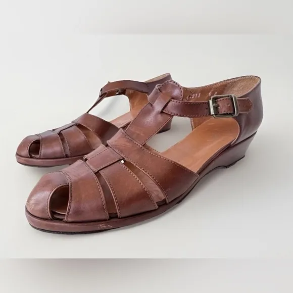 Vintage 90s Ralph Lauren Leather Fisherman Wedge Sandals Shoes Made Italy Size 8