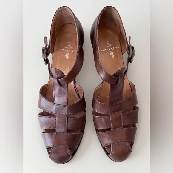 Vintage 90s Ralph Lauren Leather Fisherman Wedge Sandals Shoes Made Italy Size 8