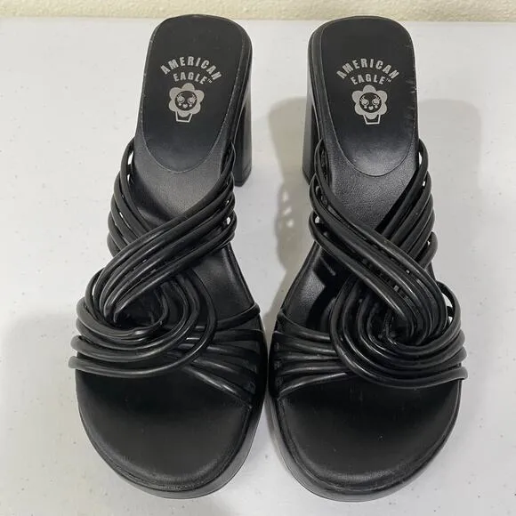 Vintage 90s Y2k American Eagle Black Chunky Platform Heel Slide Sandals Indie 7