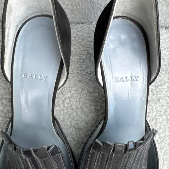 Vintage Bally Kitten Heel Pumps Black Suede Leather Fringe Pointed Toe 38.5 NWOB