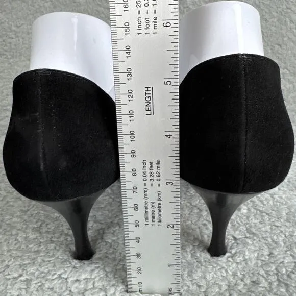 Vintage Bally Kitten Heel Pumps Black Suede Leather Fringe Pointed Toe 38.5 NWOB