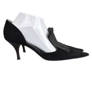 Vintage Bally Kitten Heel Pumps Black Suede Leather Fringe Pointed Toe 38.5 NWOB