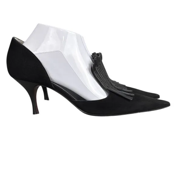 Vintage Bally Kitten Heel Pumps Black Suede Leather Fringe Pointed Toe 38.5 NWOB