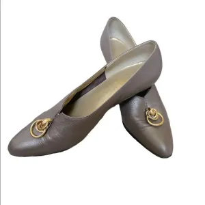 Vintage California Magdesians Metallic Pewter Leather Pumps Chunky Gold Buckle 8