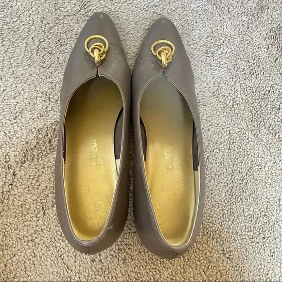 Vintage California Magdesians Metallic Pewter Leather Pumps Chunky Gold Buckle 8