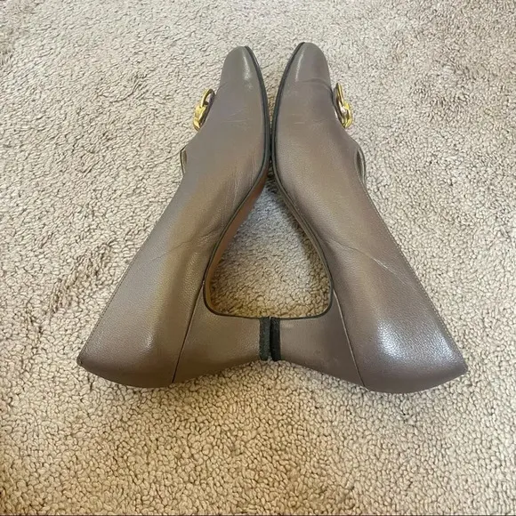 Vintage California Magdesians Metallic Pewter Leather Pumps Chunky Gold Buckle 8