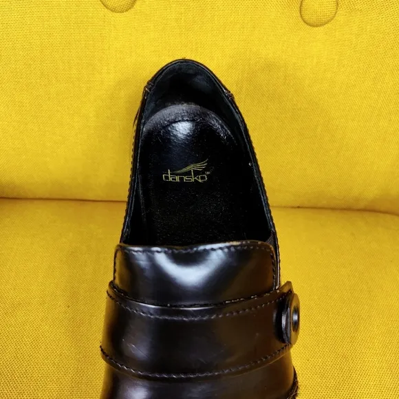 Vintage Dansko Tamara Button Leather 90s Black Platform Chunky Loafer Clog 6.5-7