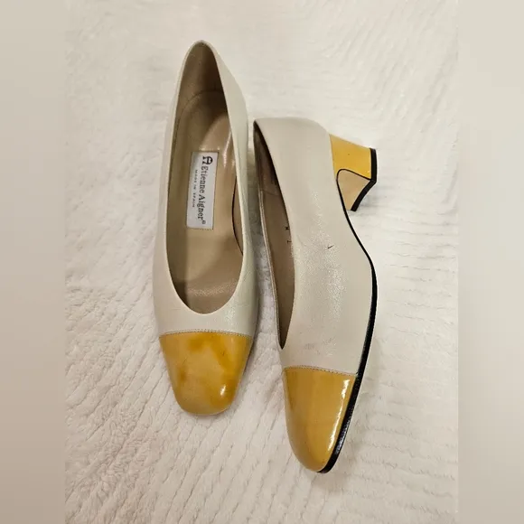Vintage Etienne Aigner Leather Cap Toe Pump Shoes Heel  Yellow,Cream Size 7