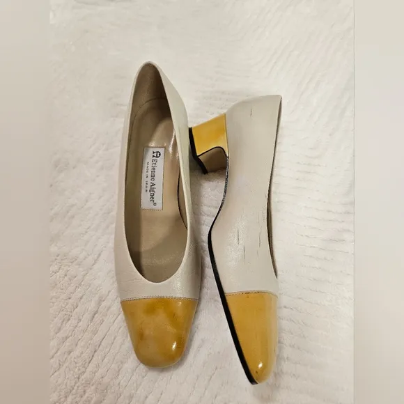 Vintage Etienne Aigner Leather Cap Toe Pump Shoes Heel  Yellow,Cream Size 7