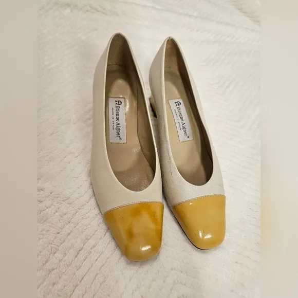 Vintage Etienne Aigner Leather Cap Toe Pump Shoes Heel  Yellow,Cream Size 7
