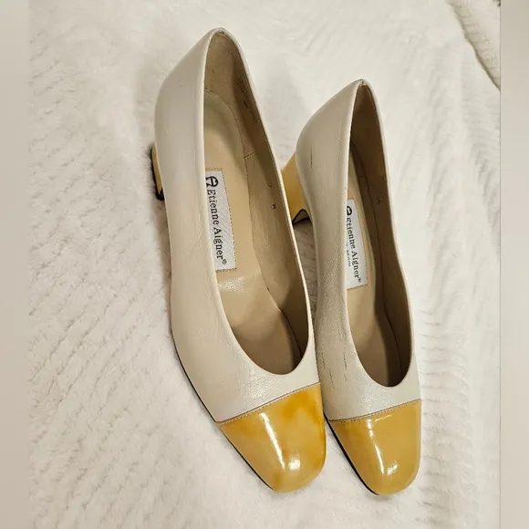 Vintage Etienne Aigner Leather Cap Toe Pump Shoes Heel  Yellow,Cream Size 7