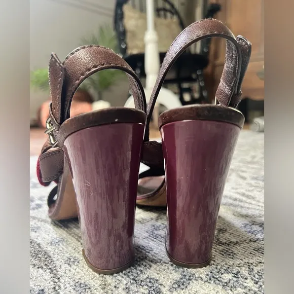 Vintage Prada brown platform heel sandals with crochet accents