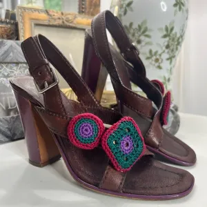 Vintage Prada brown platform heel sandals with crochet accents