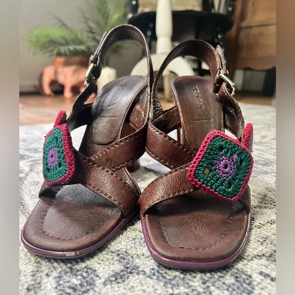 Vintage Prada brown platform heel sandals with crochet accents