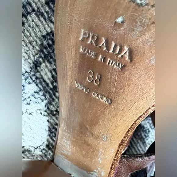 Vintage Prada brown platform heel sandals with crochet accents