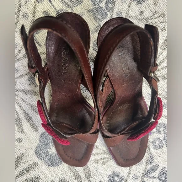 Vintage Prada brown platform heel sandals with crochet accents