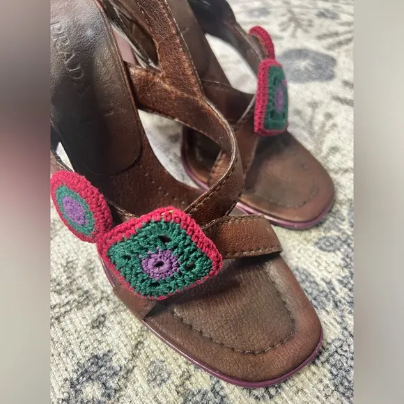 Vintage Prada brown platform heel sandals with crochet accents