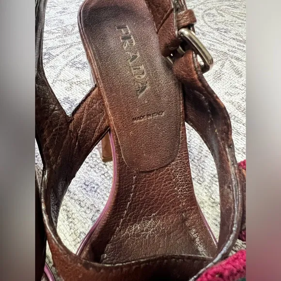 Vintage Prada brown platform heel sandals with crochet accents